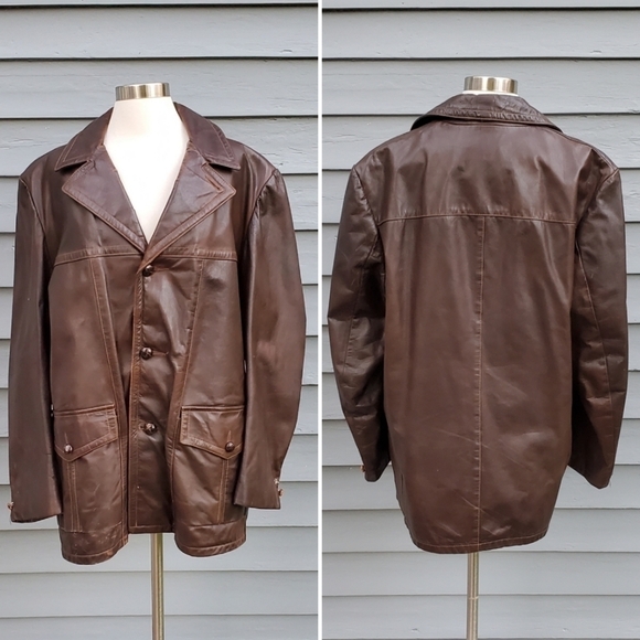 Vintage 70s Western Sears Brown Leather Shop Fleece Insulated Car Coat Jacket Lg - Picture 6 of 6